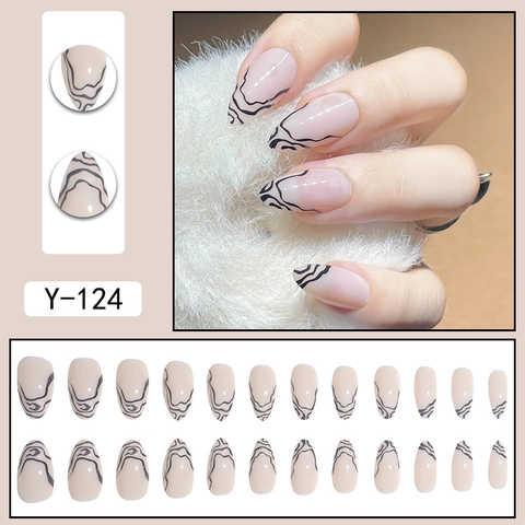 Unghie Finte A Pressione Linee Nere Minimaliste Mandorla Corte Patch Unghie Artificiali Base Rosa Nude Quotidiano