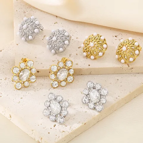 Vintage Palace Style Stud Earrings 316L Stainless Steel With Faux Artificial Pearls And Zircon Hollow Floral Design For Women Elegant