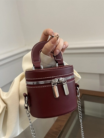 Mini Cylinder Crossbody Bag PU Leather Vanity Case Style With Contrast Stitching Silver Chain Strap And Top Handle