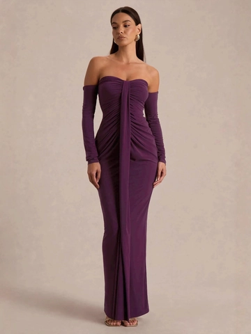 Ruched Strapless Maxi Jurk Polyester Elastaan Off Shoulder Aparte Mouwen Slim Fit Avondfeest Banket Clubwear Elegant