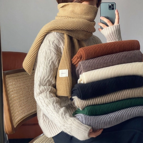 Sciarpa in Maglia a Coste in Stile Coreano per Donna Invernale Calda in Acrilico Tinta Unita Scaldacollo Morbida Elegante
