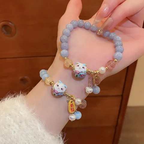Bracciale Di Perline Gatto Della Fortuna Con Ciondolo Gatto In Ceramica E Künstliche Perle Finte Gioiello Elegante E Dolce Per Donna