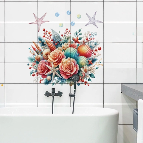 Adesivo da Parete in PVC Impermeabile per Bagno Cartone Animato Oceano Cavalluccio Marino Delfino Castello Decorativo Toilette