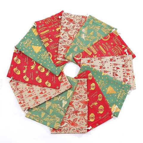 Christmas Drawstring Gift Bags Cotton Linen Burlap Texture Bronzing Foil Print Candy Storage Packaging Holiday Party New Year Festive