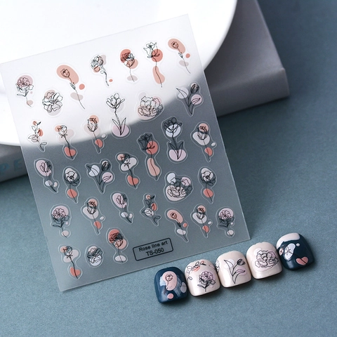 5D Relief Nail Art Stickers Embossed Rose Line Art Abstract Floral Design Self Adhesive Waterproof Decoration Decals