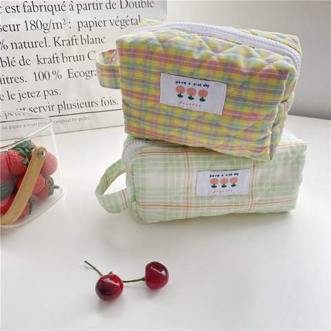 Quilted Plaid Makeup Bag Cotton Canvas Zippered Stationery Pencil Pouch Aesthetic Travel Storage Handheld Organizer