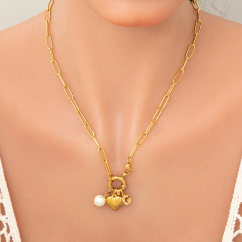 Collana di Lusso in Acciaio Inossidabile per Donna Con Ciondoli in Perla Artificiale Strass Cuore Stella Marina Conchiglia