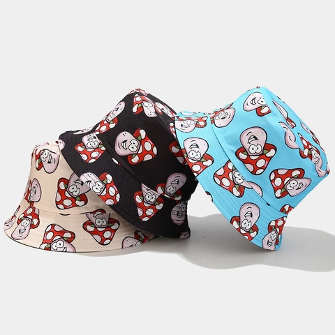 Mushroom Cartoon Print Bucket Hat Cotton Canvas Double Sided Wearable Foldable Sun Protection Summer Fisherman Cap