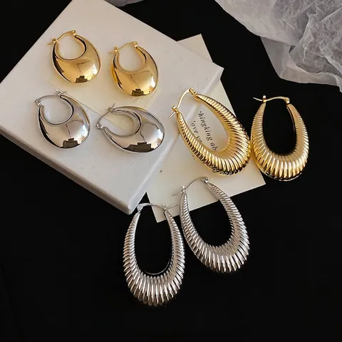 Orecchini A Cerchio In Metallo Spesso A Forma Di U Da Donna Con Perno In Argento Lucido A Specchio Gioielli Moda Retrò