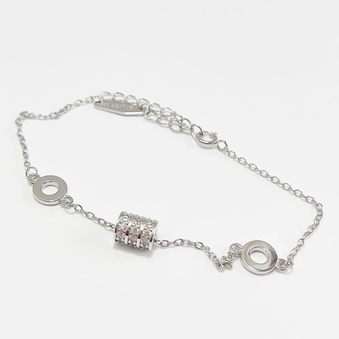 925 Sterling Silver Bracelet For Women Paved Sparkling Zircon Cylinder Charm And Two Round Rings Adjustable Minimalist