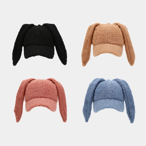 Schattige Konijnenoor Honkbalpet Warme Lamswol Sherpa Teddy Fleece Verstelbare Wintermuts Voor Dames