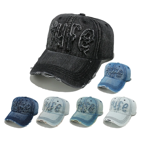 Retro Gewaschener Denim Baseballkappe Distressed Rand Stickerei Verstellbarer Sonnenhut Für Herren Und Damen