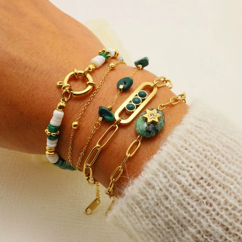 Set Di Braccialetti Boho In Acciaio Inossidabile Da Donna Placcato Oro Pietra Texture Malachite Ciondolo Stella Strass Gioielli Sovrapponibili