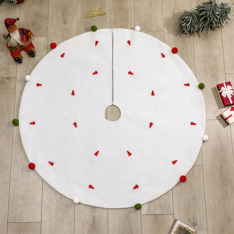 White Christmas Tree Skirt Round Plush Decoration With Red Tree Embroidery And Colorful Pom Poms Holiday Party Home Decor