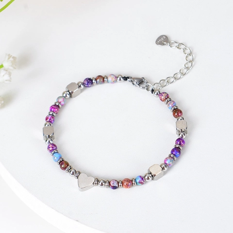 Bracciale Fatto a Mano in Perline di Pietra Naturale Ciondolo Cuore Acciaio Inox Gioielli Bohemian Donna Regalo Quotidiano