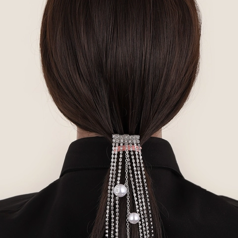 Sparkling Rhinestone Artificial Pearl Tassel Hair Clip Long Multi Layer Silver Color Hairpin Elegant Headwear For Women Party