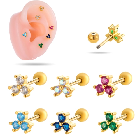 Cartilage Ear Stud Stainless Steel Post Tiny Zircon Three Stone Flower Cluster Piercing Jewelry Minimalist Screw Ball Back
