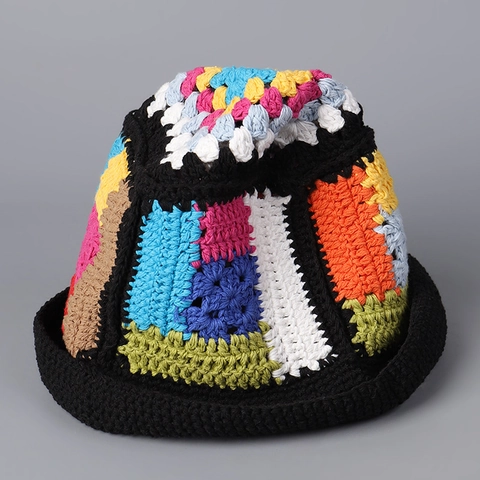 Handgefertigter Häkel Fischerhut Baumwollgarn Mehrfarbig Granny Square Patchwork Durchbrochen Atmungsaktiv Retro Böhmisch