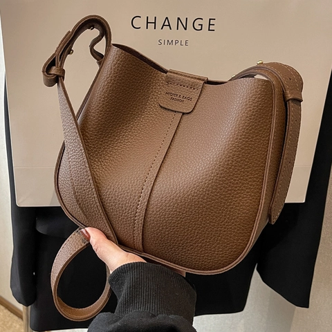 Litchi Narben PU Leder Beuteltasche Damen Urban Einfache Schulter Umhängetasche Verstellbarer Gurt Innentasche