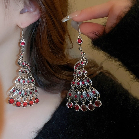Peacock Dangle Earrings Vintage Bohemian Alloy Rhinestone Crystal Steel Earring Post Ethnic Retro Hollow Jewelry For Women