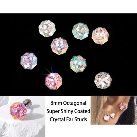 Sparkling Coated Colorful Crystal Helix Ear Studs Titanium Steel Octagonal Rose Cut Screw Back Piercing Jewelry