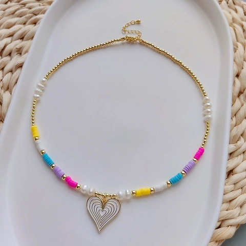 Bohemian Kralenketting Hart Hanger Madeliefje Zachte Klei Heishi Kralen Schelp Verguld Dames Zomer Strand Sieraden