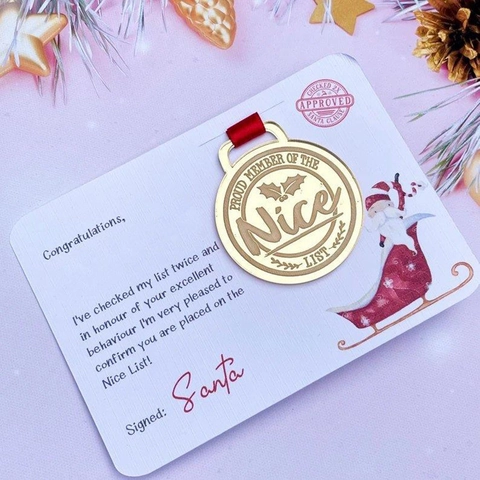Weihnachts Weihnachtsmann Nice List Goldmedaille Und Grußkarte Auszeichnung Mit Rotem Band Kinder Feiertag Geschenk