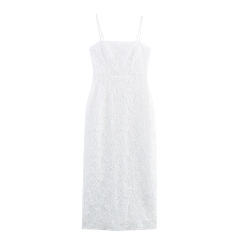 Maxi Jurk Camisole 3D Bloemstructuur Kant Polyester Slim Fit Sexy Elegant Vrouwen Feest Avond Wit