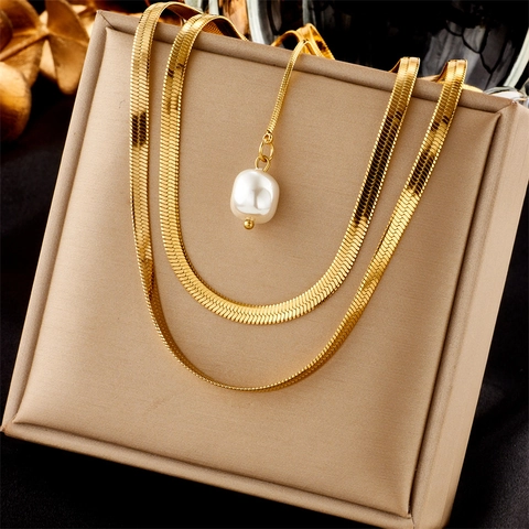 Stainless Steel Necklace For Women Gold Plated Artificial Pearl Evil Eye Star Pendant Double Layer Snake Chain Vintage Fashion Jewelry