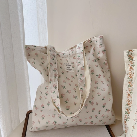 Floral Τσάντα Tote Καμβά Βαμβακερή Μεγάλη Χωρητικότητα Τσάντα Ώμου Γαλλικό Στυλ Vintage Αισθητική Γυναίκες Καθημερινή