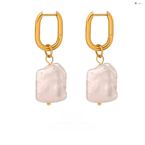 Baroque Irregular Freshwater Pearl Dangle Earrings Titanium Steel 18K Gold Plated Vintage Luxury U-Shaped Hoop For Women