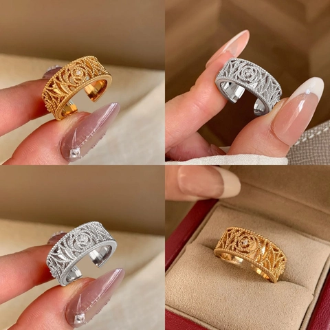 Anello Regolabile Fiore Di Rosa Cavo Rame Placcato Oro 18K Zircone Trama Intrecciata Vintage Lusso Leggero Per Donna