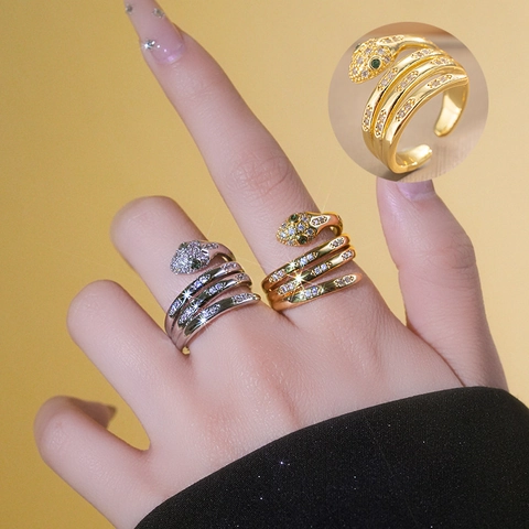 Vintage Copper Snake Multi-layer Open Ring For Women Luxurious Rhinestone Adjustable Animal Finger Ring Fashion Jewelry Gift