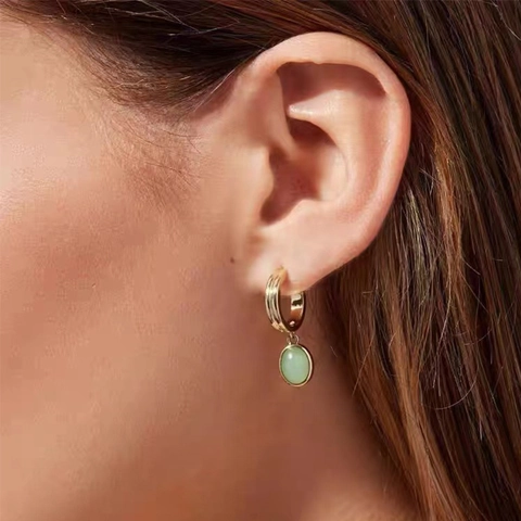 Vintage Stainless Steel Drop Earrings For Women With Oval Green Aventurine Stone French Style Gold Plated Hoop Pendants