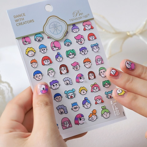 Kawaii Cartoon Avatar Nail Art Stickers With 3D Relief And Mini Faux Artificial Pearl Decorations Cute DIY Manicure Decals