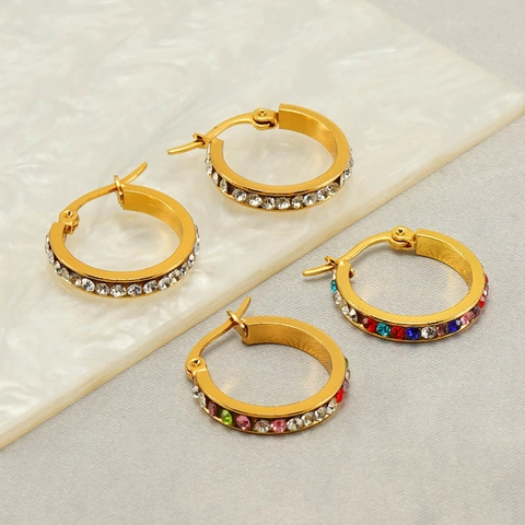 Vintage Creolen Roestvrij Staal 18K Verguld Kleurige Zirkonia Ronde Geometrische Sieraden Voor Dames