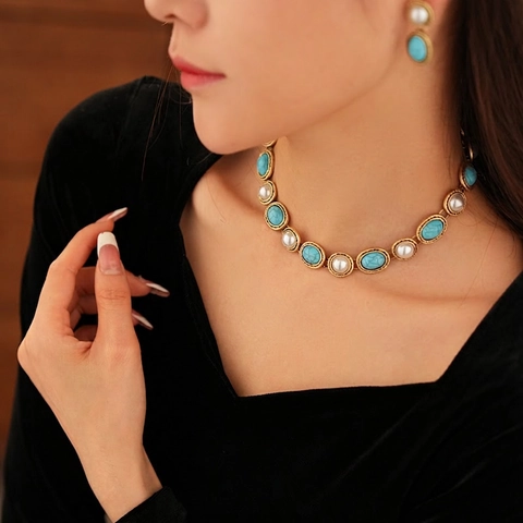 Vintage Jewelry Necklace And Earrings With Silver Earring Post Faux Artificial Pearl Synthetic Turquoise Gold Plated Alloy Luxury
