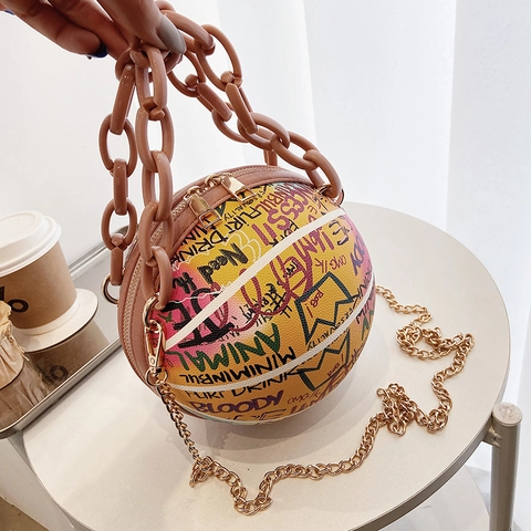 Trendy Basketball Shaped PU Leather Crossbody Bag Graffiti Print Round Handbag With Acrylic And Metal Chains For Women