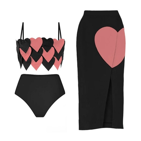 Heart Shaped Scale Bikini Top High Waist Bottoms And Side Slit Skirt Contrast Color Sexy Beachwear Swimsuit For Women