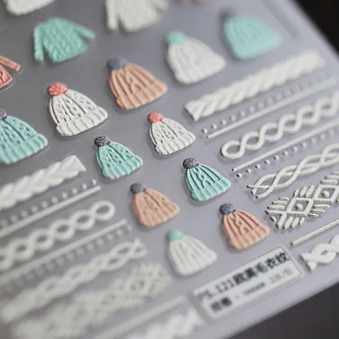 5D Embossed Nail Art Stickers Sweater Knitting Pattern 3D Relief Manicure Decals DIY Winter Theme Women Beauty Accessory