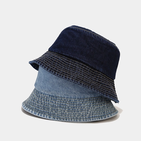 Unisex Vintage Washed Denim Bucket Hat Sun Protection Adjustable Outdoor Fisherman Cap Solid Color Distressed Cotton Hat