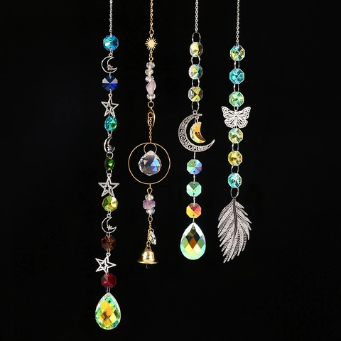 Crystal Suncatchers Hanging Prisms Rainbow Maker With Metal Moon Star Butterfly Feather Bell For Window Garden Indoor Decor