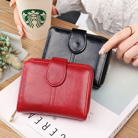 Womens Short Wallet PU Leather Bifold Coin Purse Zipper Card Holder Minimalist Glossy Elegant Clutch Purse