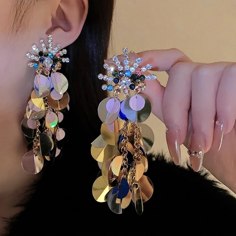 Exaggerated Long Colorful Rhinestone Tassel Drop Earrings With Silver Earring Post Multi Layer Metal Sequin Bohemian Jewelry