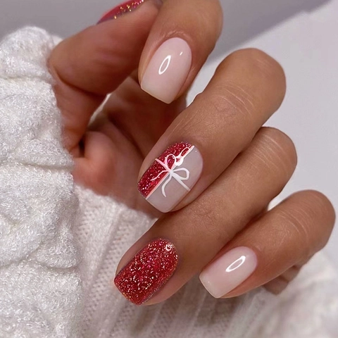 Christmas Red Glitter Press On Nails Short Square Round With White Bow Ribbon Festive Holiday Party For Women