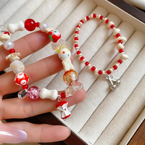 Sweet Beaded Bracelets With Glass Ceramic Beads And Alloy Fruit Pendants Apple Core Cherry Cute Fresh Style Jewelry For Women