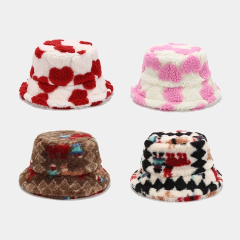 Bucket Hat Kunstpelz Plüsch Verdickt Warm Winter Herzmuster Druck Casual Outdoor Kopfbedeckung Mode Für Damen Frauen