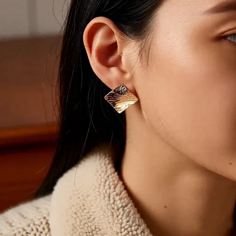 Hammered Square Stud Earrings 18K Gold Plated Copper With Silver Earring Post French Retro Minimalist Jewelry For Women