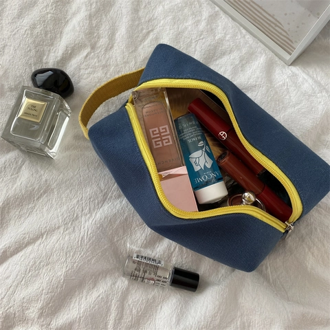 Neceser De Lona Bloque De Color Gran Capacidad Bolsa De Viaje Organizador Portátil Estuche De Lápices Para Estudiantes