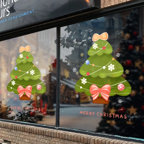 Christmas Tree Window Sticker Static Cling PVC Double Sided Festive Shop Glass Door Decoration Merry Christmas Snowflake
